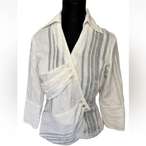 Farinaz Taghavi Sz 4 White Top Button Wrap 3/4 Sleeve Cotton Blend Shirt Blouse